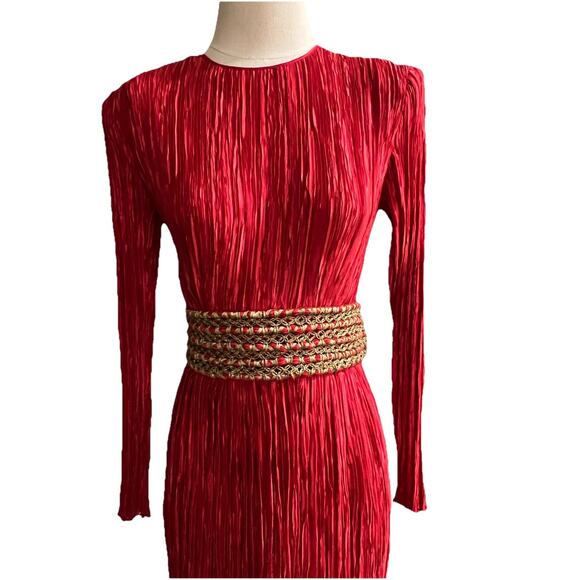Vintage 1980s Mary McFadden Couture Pleat Gown Midi Red Gold Holiday Size 12 - Picture 2 of 9